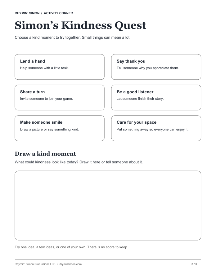 Preview of the Kindness Quest sheet with six everyday ideas and a large drawing space.