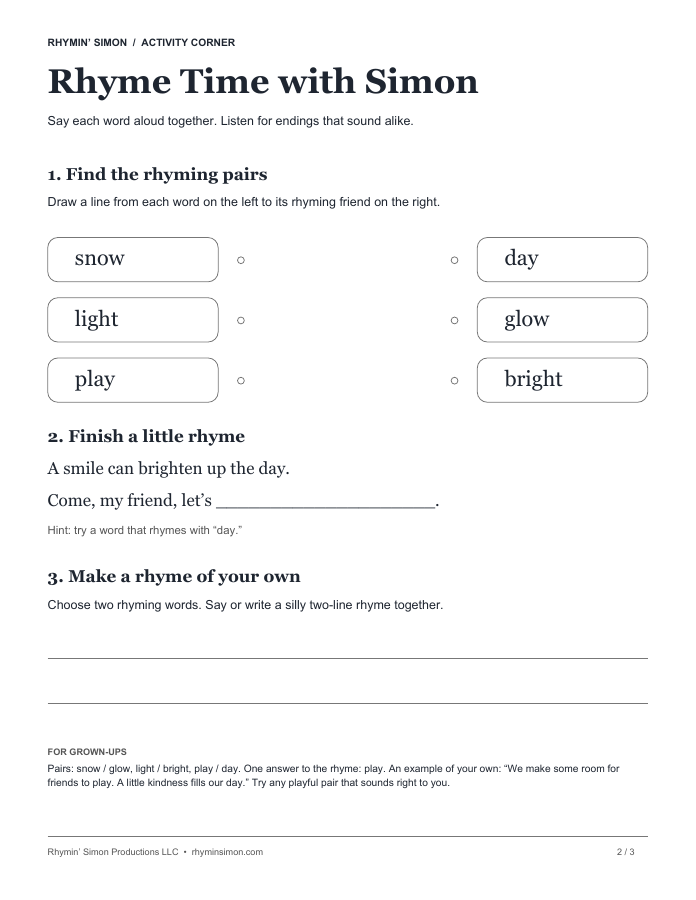 Preview of the Rhyme Time sheet with word pairs and space to write a two-line rhyme.