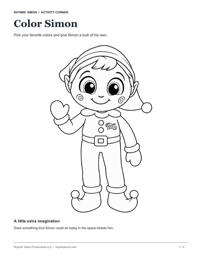 Preview of the Color Simon sheet with a large black outline of Simon waving.